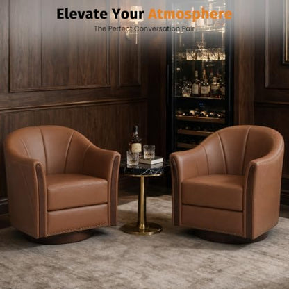 360° Swivel Accent Chair, Faux Leather Swivel Barrel Chairs | Nailhead Trim & Wood Base, Round Armchair Club Chair, Modern Reading Chairs for Living Room (BX01, Wood Brown) - color: Wood Brown