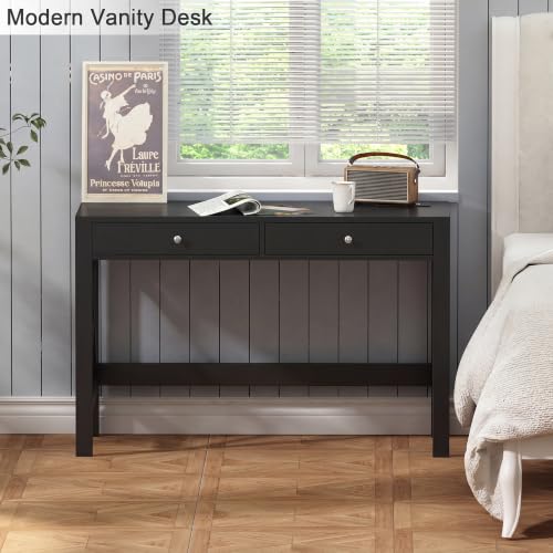ChooChoo 40 Inches Farmhouse Computer Desk with 2 Drawers & Power Outlets | Wooden Writing Desk, Study Desk for Home Office, Makeup Vanity, Black - color: Black, size: 40inch with Power Outlet