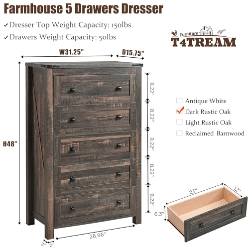 T4TREAM 48" Tall Farmhouse 5-Drawer Dresser for Bedroom, Dark Rustic Oak | Rustic chests of drawers, Wood Storage Cabinet, Metal Handle, Unique Corner Accent, Bedroom, Living Room, Hallway - color: Dark Rustic Oak, size: 15.8"D x 31.3"W x 48"H (5 Drawers)