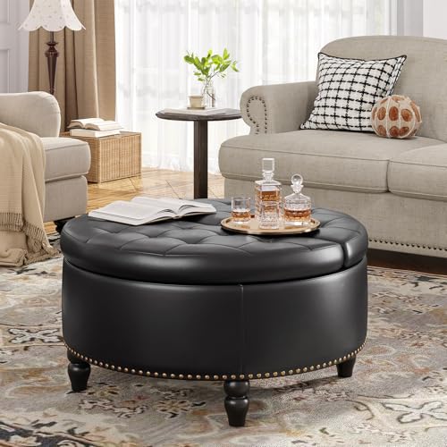 FiveWillowise 30 Inch Large Round Ottoman with Storage Circular,Black | Leather Coffee Table with Lift Top,Modern Upholstered Button Tufted Footrest Stool Solid Wood Legs for Living Room,Bedroom - color: Black
