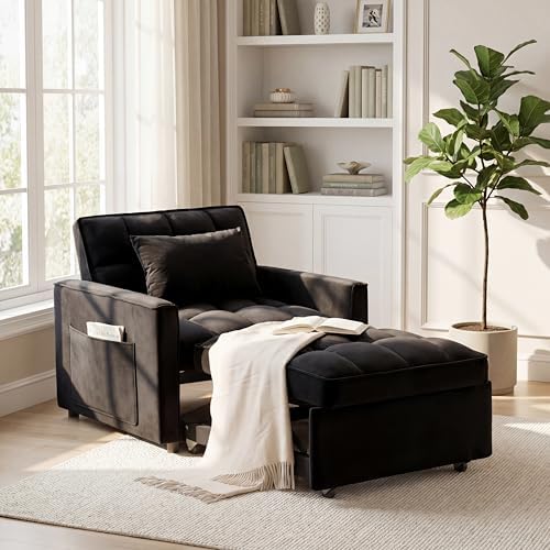 Sleeper Chair with Pull Out Bed, 3 In1 Convertible Chair Bed, Black | Adjustable Backrest with Multiple Reclining Positions, Soft Cushioning, Handy Side Pocket, Perfect for Everyday Lounging - color: W-black-m2