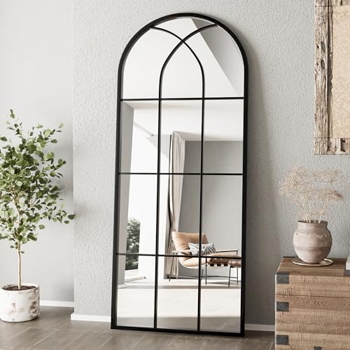 Mirror Full Length, 56"x22" Large Arched Mirror, Window Pane Wall Black Full Body Mirrors, Oversize Farmhouse Standing Mirrors for Living Room, No Stand - color: Antique Mirror-black, size: 56"L x 22"W