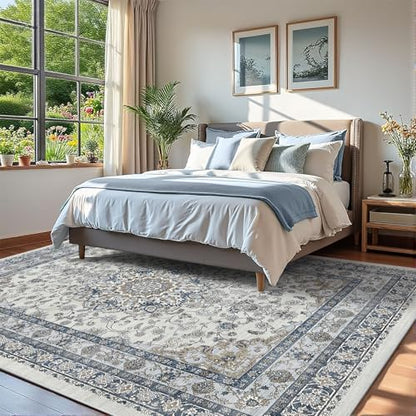 Farmhouse 6x9 Nursery Rug, Low Pile & Non Slip Area Rug for Living Room, Bedroom, Dining Room Table, Blue and Grey High Traffic - Non Shedding & Stain Resistant Soft Carpet, Faded Print Accent Mat - color: Blue / Grey / Brown, size: 6' x 9' (Rectangular)