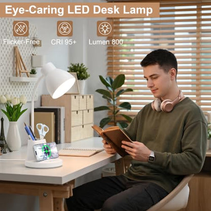 10W Wireless Charging LED Desk Lamp with Pen Holder, CRI 95, White | 800LM, 3 Modes, 360°Flexible Arm, Touch, Brightness, Table Lamp for Home Office, Dorm, Bedside, Study, Reading, with Adapter - color: White