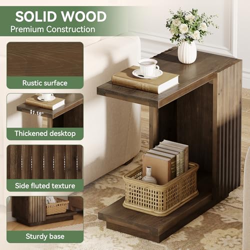 Solid Wood Side Table, C-Shaped Narrow End Table with Storage | 2-Tier Farmhouse Bed Side Table with Fluted Panels, Wood Nightstand for Bedroom, Living Room, Small Spaces, Dark Brown - color: Dark Brown