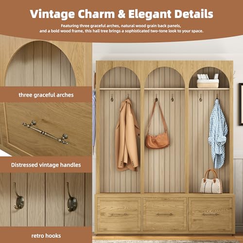 JIVOIT Farmhouse Hall Tree with Three Arched Design, All-in-One Design Wooden Coat Rack & Shoe Organizer with 3 Drawers, 59" Wide Entryway Bench with 8 Retro Hooks for Mudroom, Living Room - color: Oak//538