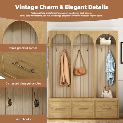 JIVOIT Farmhouse Hall Tree with Three Arched Design, All-in-One Design Wooden Coat Rack & Shoe Organizer with 3 Drawers, 59" Wide Entryway Bench with 8 Retro Hooks for Mudroom, Living Room - color: Oak//538