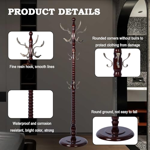 Coat Racks FreeStanding with 14 Hooks, Natural Wood Coat Rack with Solid Round Base, Adjustable Height Coat Racks, Easy Assembly for Hallway, Bedroom and Office (Reddish Brown-Metal Hook) - color: Reddish Brown-Metal Hook