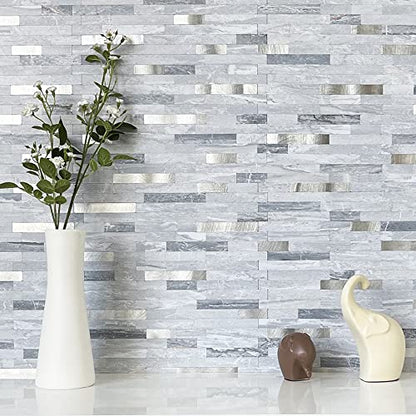 DICOFUN 10-Sheets Peel and Stick Backsplash Wall Tile, Faxu Stone PVC Mixed Metal Kitchen Backsplash Peel and Stick in Light Grey - color: Light Grey and Metal Silver, size: 10 Sheets, 12’’x12’’x0.12’’