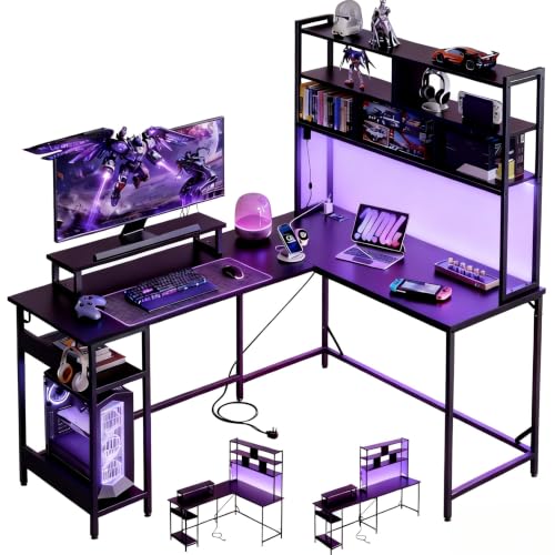 DEVAISE 60 Inch L Shaped Gaming Desk with Drawers and Storage, Corner Desk with LED Lights, Power Outlets, Computer Desk with Monitor Stand, Office Desk for Home, with Hutch, Black - color: Black, size: 60 Inch with Hutch