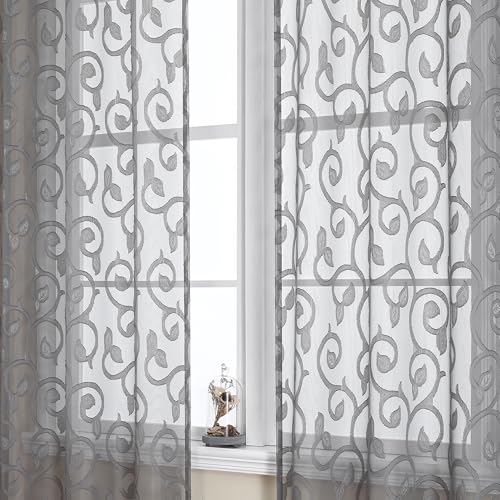 Furman Grey Sheer Curtains 54 Inch Length 2 Panels Set for Living Room Bedroom, Airy Jacquard Clip Short Curtains for Small Window, Modern Rod Pocket Bathroom Window Curtain Each 42W inch 54L - color: Charcoal Gray, size: 40"W x 54"L (Pack of 2)