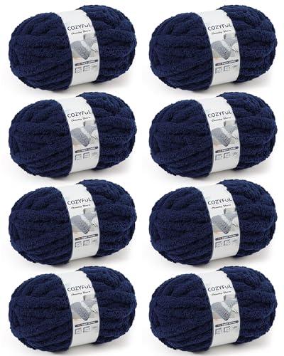 Cozyful Chunky Yarn for Hand Knitting, #9 Thick Jumbo Big Chunky Yarn for Crocheting, Super Chunky Knit Blanket Yarns, Large Chunky Chenille Yarns, 8 Pack (30 yds 8 oz Each Skein), Navy Blue - color: Navy Blue