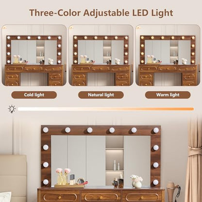 Fluted Vanity Desk with Mirror and Lights, Power Outlets, Modern Wood Vanity Desk Makeup Table with 11 Drawers, 3 Color Modes Dressing Table with Storage for Bedroom, Living Room, Walnut - style: Walnut