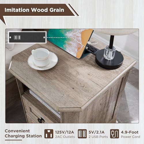 T4TREAM Farmhouse Nightstand with Charging Station, 18" End Table with 2 Drawers, Wood Side Table, Bedside Cabinet for Bedroom, Living Room (Light Rustic Oak) - color: Light Rustic Oak