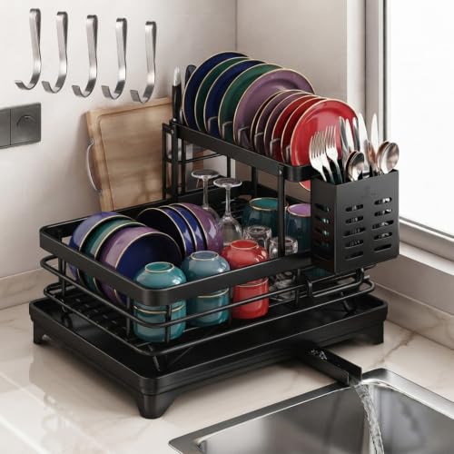 Stainless Steel Dish Drying Rack for Kitchen Counter, 2-Tier Dish Racks for Kitchen Counter, Compact Dish Drainer with Auto-Drainboard & Utensil Holder for Plates, Bowls, Cups and Cutlery (D-1) - color: D-1
