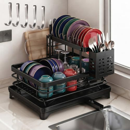 Stainless Steel Dish Drying Rack for Kitchen Counter, 2-Tier Dish Racks for Kitchen Counter, Compact Dish Drainer with Auto-Drainboard & Utensil Holder for Plates, Bowls, Cups and Cutlery (D-1) - color: D-1