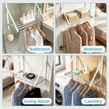 Adjustable Over the Door Clothes Hanger 12-23", 4 Stainless Steel Rod | Over Door Drying Rack with 2 Hooks, Clothes Hanger Drying Rack Fits Door Up to 1.85", White