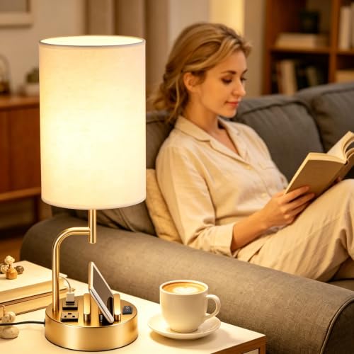 Dreamholder 2 Pack Table Lamp, Bedside Lamp with 3 USB Charging Ports & AC Outlet, USB Desk Lamp with 2 Phone Holders, Linen Fabric Shade Nightstand Lamps for Bedroom Living Room Office, Gold - color: Gold