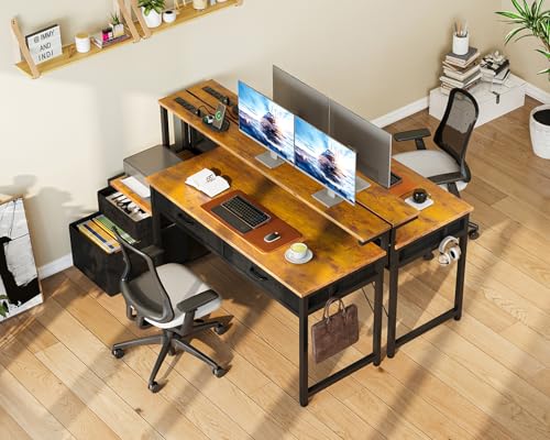 AODK Computer Desk with 4 Drawers, 55 Inch Office Desk with Printer Shelf & Built-in Power Outlet, Work Desk with Monitor Shelf for Home Small Spaces, Rustic Brown - color: Rustic Brown