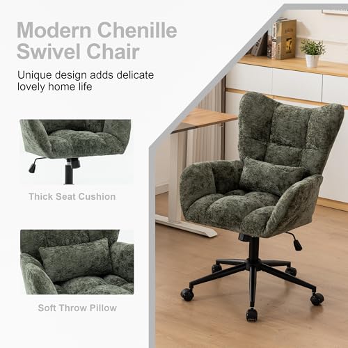 Home Office Desk Chair, Modern Tufted Chenille Vanity Chair, Adjustable Upholstered Swivel Computer Chairs for Bedroom, Living Room，Green - color: Green