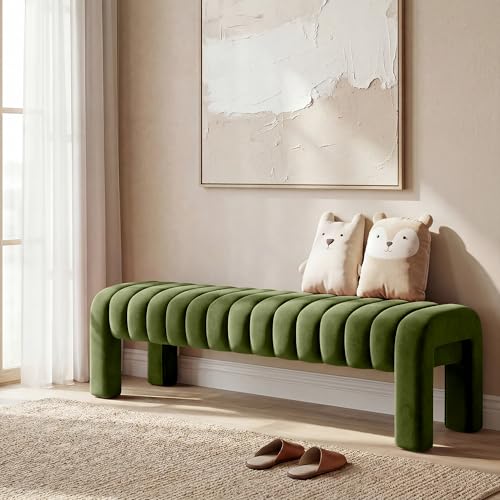 63” Dining Room Bench, Olive Green Tufted Upholstered End of Bed Bench, Modern Entryway Ottoman Window Seat with Solid Wood Legs and Padded Seat for Bedroom, Hallway and Living Room (Velvet) - color: Olive Green Velvet, size: 63"