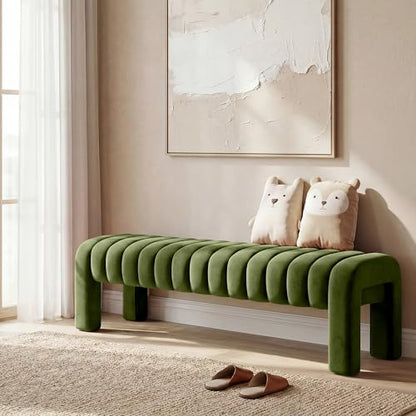 63” Dining Room Bench, Olive Green Tufted Upholstered End of Bed Bench, Modern Entryway Ottoman Window Seat with Solid Wood Legs and Padded Seat for Bedroom, Hallway and Living Room (Velvet) - color: Olive Green Velvet, size: 63"