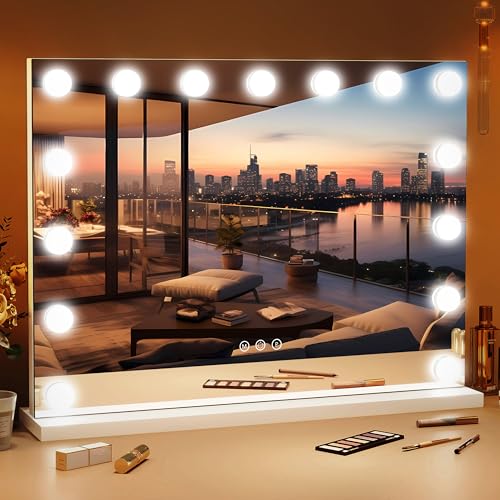 ROLOVE 23"x18" Hollywood Vanity Mirror with Lights, 15 Dimmable LED Bulbs, led Makeup Mirror with 3 Color Modes, Lighted Vanity Mirror for Tabletop or Wall-Mounted - color: White, size: 23"L x 17"W