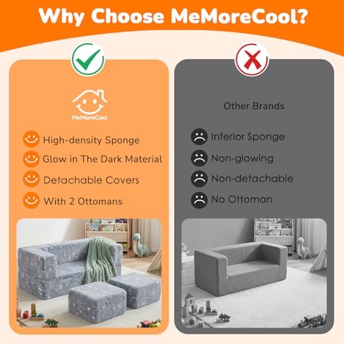 MeMoreCool Glow Dinosaur Kids Couch, Gray Modular Fold Out Play Couch | Glow Dino Foam Kids Sofa Set, Machine-Washable Cover - color: Grey Dinosaur