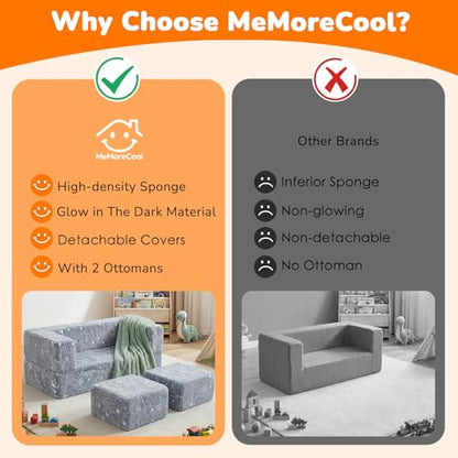 MeMoreCool Glow Dinosaur Kids Couch, Gray Modular Fold Out Play Couch | Glow Dino Foam Kids Sofa Set, Machine-Washable Cover - color: Grey Dinosaur