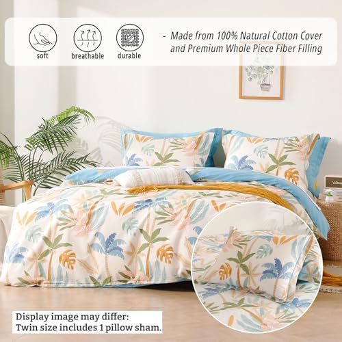 LEMIROE Tropical Coastal Blue Cotton Comforter Twin Size 2Pcs - Bright Orange, Olive Green & Beige Palm and Leaf Patterns, Botanical Lightweight Reversible Bedding Sets with Soft Fill(68"×90") - color: Palm Fiesta - Coastal Blue, size: Twin/Twin XL(68"×90
