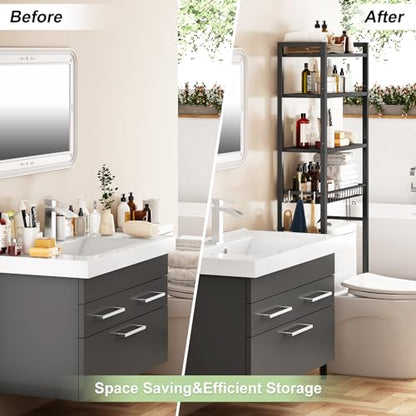 Kalrin Over-The-Toilet Storage Rack, 4-Tier Bathroom Organizer Shelf Over Toilet with Adjustable Shelf and Basket, Freestanding Space Saver Bathroom Shelves Above Toilet for Room (Pure Black) - color: Pure Black