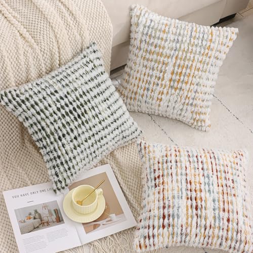 LUOYEHK Boho Throw Pillow Covers 20x20 Inch Set of 2 Farmhouse Neutral Pillow Covers Chenille Tufted Pillowcase for Couch Sofa Bed Living Room, Green White - color: Green White, size: 20" x 20" (Pack of 2)