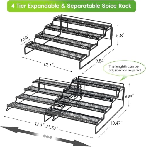 2 Pack Spice Rack Organizer for Cabinet, 4 Tier Black (S&L) Seasoning Organizer Rack for Inside Cabinets, Countertop, Pantry Storage - size: S&L