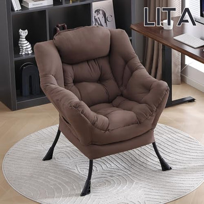 Lazy Chair with Ottoman, Comfy Accent Reading Chair, Dark Brown | Foldable Footrest,Removable Cover,with Armrests and Side Pockets,Upholstered Lounge Chair for Bedroom,Dorm,Office,Small Space - color: Single Dark Brown