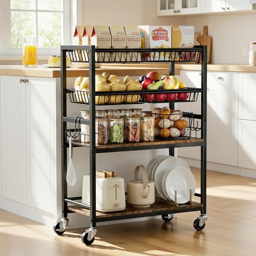 Fruit Vegetable Storage Cart, 4 Detachable Basket | 4-Tier Kitchen Rolling Storage Cart, Fruit & Vegetables Stand, Snack Organizer for Kitchen, Bathroom, Living Room - color: Black, size: 4 Tier Cart(12 in)