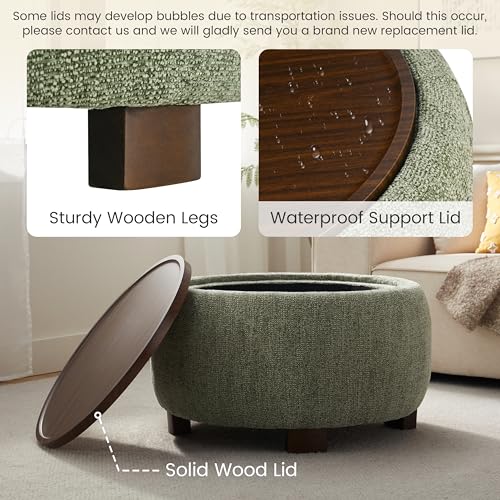 VKNOW 30" Round Storage Ottoman, Ottoman Coffee Table with Removable Wood Top and Solid Wood Legs for Living Room, Bedroom, Apartments(Green) - color: Green