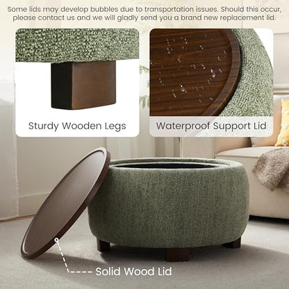 VKNOW 30" Round Storage Ottoman, Ottoman Coffee Table with Removable Wood Top and Solid Wood Legs for Living Room, Bedroom, Apartments(Green) - color: Green
