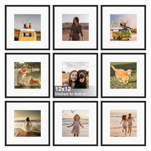 12x12 Frame Set of 9, 12 by 12 Square Picture Frames with Plexiglass for Picture 8x8 with Mat or 12x12 without Mat Art Collage for Wall Gallery and Tabletop Display, 12 x 12 Frame Black - color: Black, size: 12x12