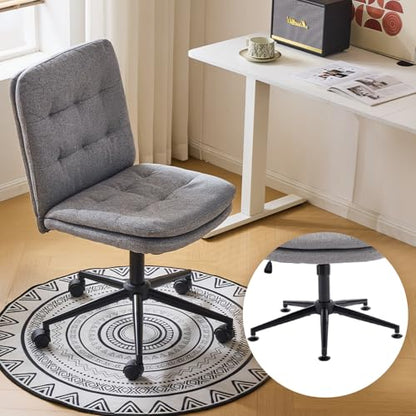 VINGLI Mid Back Armless Office Desk Chair with Wheels/no Wheels,360°Rocking Swivel Vanity Chair with Thickened Cushion,Adjustable Height Rolling for Reading Room, Make up, Linen Dark Grey - color: Dark Grey