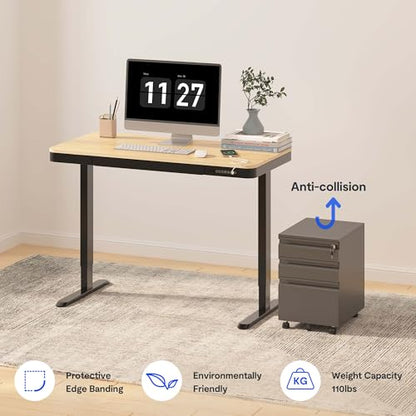 FLEXISPOT Comhar 48" Electric Standing Desk with Drawers, USB Charging Ports, Quick Assembly, Height Adjustable Sit Stand Desk with Child Lock for Natural Home Office, Bamboo Finish Top/Black Legs - size: 48"Bamboo Texture/Black