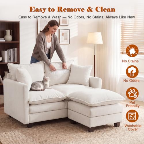 50'' Loveseat Sofa Set with Ottoman, Small Couch Set 2 Piece Cloud Love Seat 27" Deep Seat Washable Pillows Couches for Small Spaces Apartment Living Room, Beige - color: Beige, size: 50"+50"L