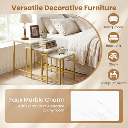 Giantex Nesting Coffee Table Set of 3, Small Center Tables, White | Faux Marble Coffee Table with Metal Frame, Space-Saving Stacking End Table for Small Space - color: White & Gold