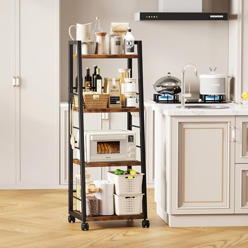 Homeiju 4 Tier Kitchen Storage Cart with Lockable Wheels & 6 Hooks, Mobile Utility Organizer Rolling Cart for Small Spaces, Bar Cart for Kitchen and Living Room, Rustic Brown