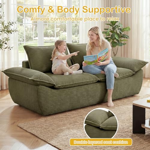 56" Boneless Loveseat, 2-Seater Green Boneless Sofa with Removable Cushions & 2 Pillows, Small Boneless Couch Deep Seat Compress Foam Sofa for Living Room, Apartments, & Office - color: Green, size: Loveseat（56")