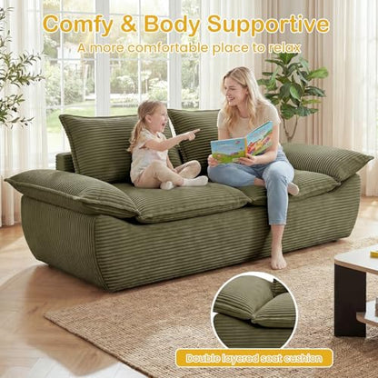 56" Boneless Loveseat, 2-Seater Green Boneless Sofa with Removable Cushions & 2 Pillows, Small Boneless Couch Deep Seat Compress Foam Sofa for Living Room, Apartments, & Office - color: Green, size: Loveseat（56")