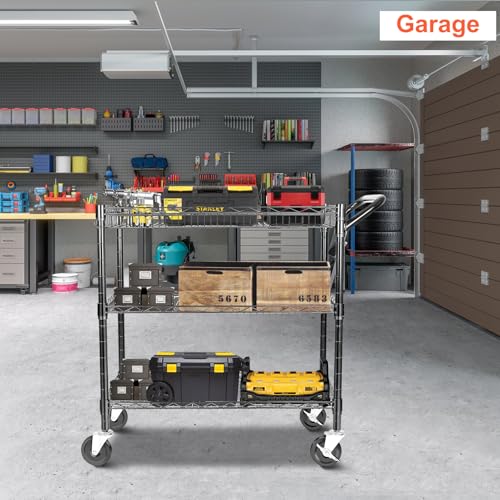 BolDuck Heavy Duty Utility Cart, 990Lbs Capacity 3 Tier Rolling Carts with Wheels, Kitchen Cart on Wheels with Storage, Commercial Grade Metal Serving Carts with Wire Shelving &Handle Bar, Black - color: Black