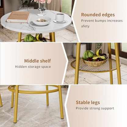 3-Piece Round Bar Table Set with Backrest & Partition, Counter Height Small Dining Table for 2, Includes 2 Foldable Stools, Sturdy MDF & Steel Frame for Kitchen/Dining Room (White+Gold) - color: White+gold