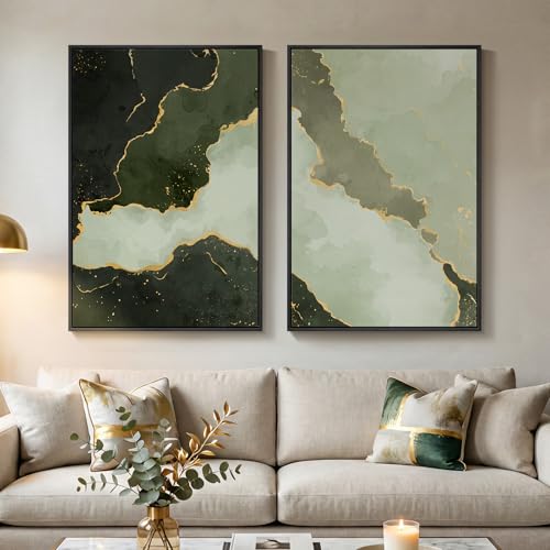Large Framed Green Abstract Wall Art Set of 2, Modern Canvas Prints Paintings for Walls, Minimalist Sage Green and Gold Abstract Pictures for Living Room Dining Bedroom Hallway Wall Decor 24x36 In - color: Sage Green Block, size: 24" W x 36" H x 2Pcs