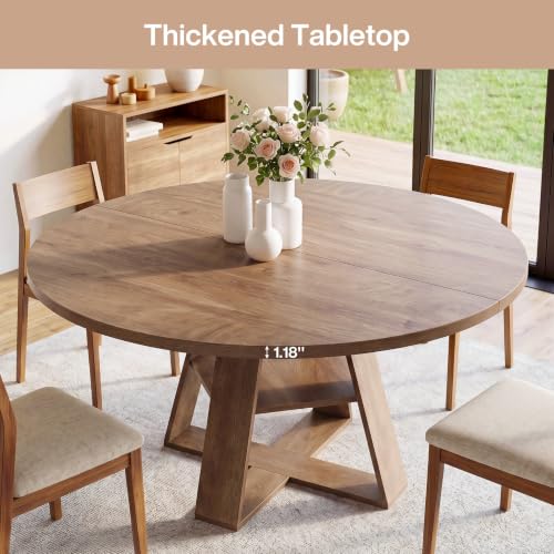 Tribesigns 47.24" Round Dining Table for 4-6, Modern Farmhouse Circle Kitchen Table with X-Cross Base & Storage Shelf, Wooden Pedestal Base for Dining Room Kitchen, Brown