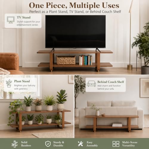 HollyHOME Bamboo TV Stand with Storage for TVs up to 65'', Modern Entertainment Center with 2 Open Shelf, Accent TV Media Console Table for Living Room, Bedroom, 55"(L), Walnut - color: Walnut